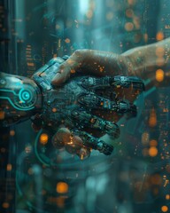 Handshake of man and robot Modern technologies Art collage, epic editorial