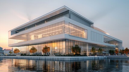 A large modern building in contemporary style, minimalistic design. Generative AI.