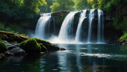Fototapeta premium waterfall in a jungle. The waterfall is cascading over a cliff into a pool of water