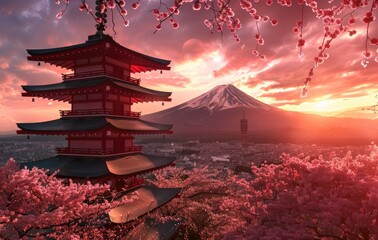 Japanese pagoda, building or house intersecting with the beautiful mount fuji scenery, stunning view, created with AI