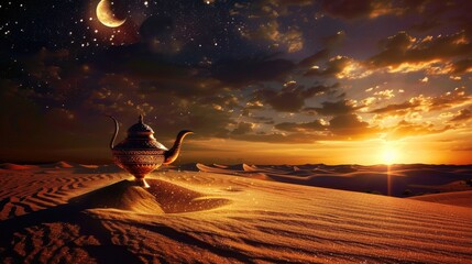 Aladdin's lamp in the desert. Generative AI