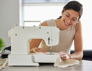 Happy, woman and sewing machine in apartment for small business, fashion design and pride. Female...