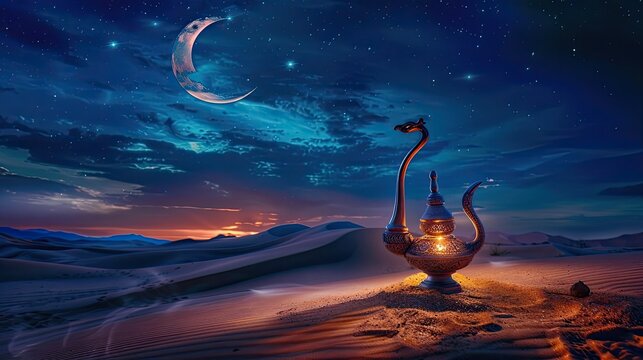 Aladdin's lamp in the desert. Generative AI