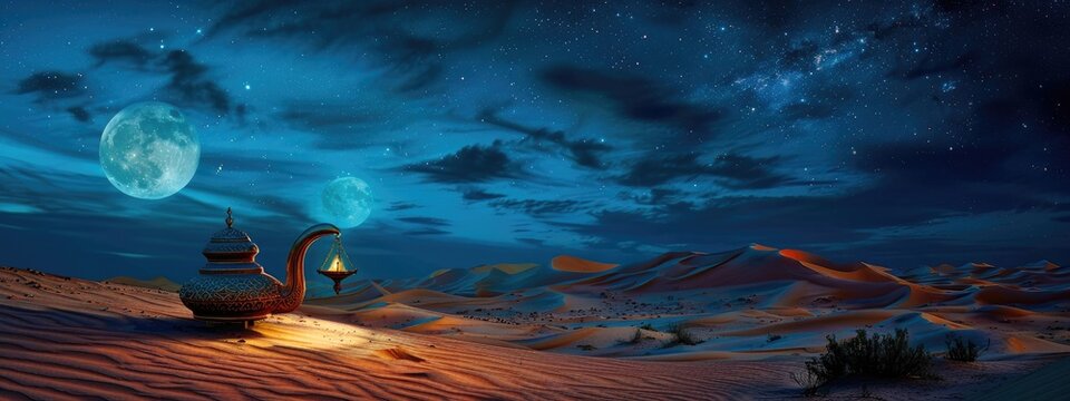 Aladdin's lamp in the desert. Generative AI