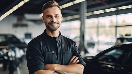 Obraz premium positive handsome caucasian car service worker in uniform smiling looking at the camera while in a car service center