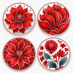 Circular Red Flower Stickers featuring stunning illustrations of ruby-red blooms