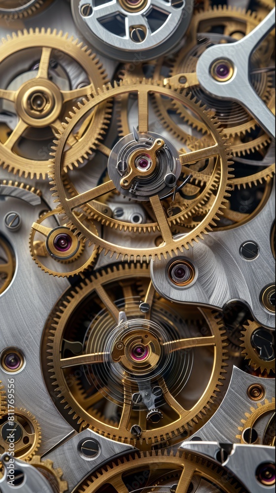 Poster a top down view of the insides of a mechanical clock with old fashioned gear wheels and jewels. gene
