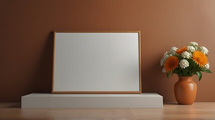 Blank wall art mockup, close-up, blank mockup with podium orange wall theme
