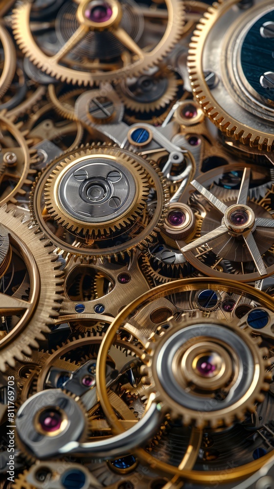 Poster a top down view of the insides of a mechanical clock with old fashioned gear wheels and jewels. gene