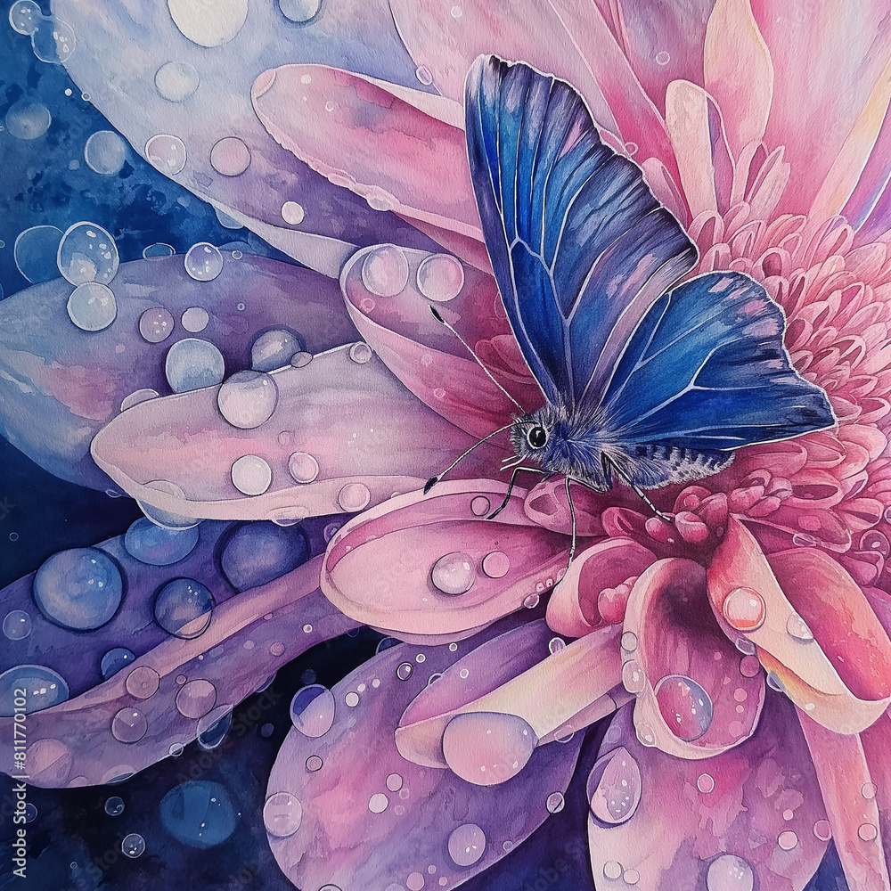 Sticker Artistic painting of wet blossom pink Chrysanthemum flower with blue butterfly in close up. Summer theme illustration. 