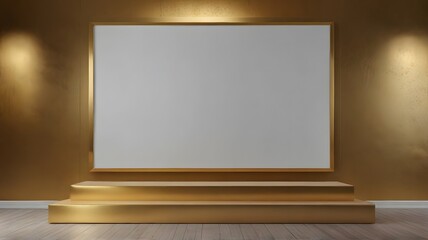 Blank wall art mockup, close-up, horizontal blank mockup with podium golden wall theme