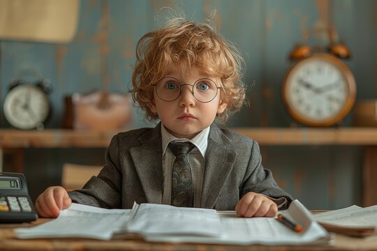 Curly-haired young boy wearing glasses portraying a business professional with focused seriousness