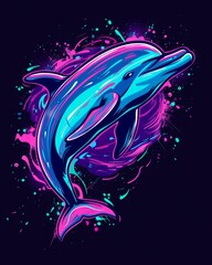 A dolphin is featured with a splash of colorful paint on its face, rendered in a vector illustration for a t-shirt graphic design