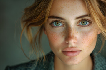 Close up of freckled-haired woman with green eyes in business suit against grey background