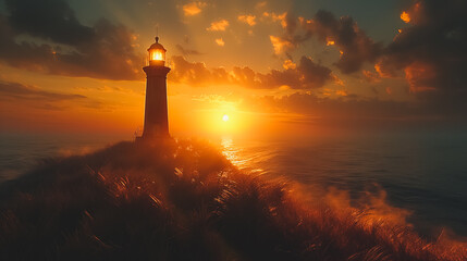 A lighthouse is lit up at sunset on a beach. The sky is filled with clouds and the sun is setting. The lighthouse is on a hill overlooking the ocean - Powered by Adobe