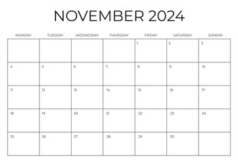 Monthly Planner November 2024. Calendar NOVEMBER 2024. Week starts on Monday. Blank Calendar Template. Vector illustration