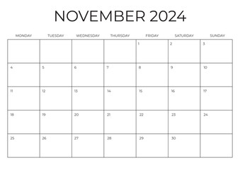 Monthly Planner November 2024. Calendar NOVEMBER 2024. Week starts on Monday. Blank Calendar Template. Vector illustration