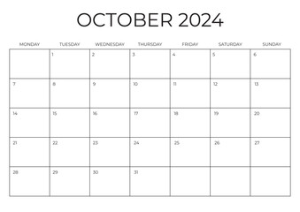 Monthly Planner October 2024. Calendar OCTOBER 2024. Week starts on Monday. Blank Calendar Template. Vector illustration