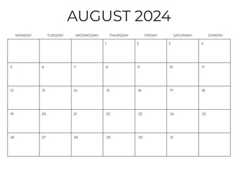 Monthly Planner August 2024. Calendar AUGUST 2024. Week starts on Monday. Blank Calendar Template. Vector illustration