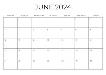 Monthly Planner June 2024. Calendar JUNE 2024. Week starts on Monday. Blank Calendar Template. Vector illustration