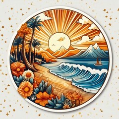 Circular Summer Stickers featuring nostalgic illustrations