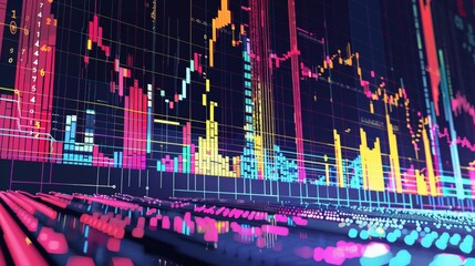 The image shows a stock market chart with red and green candlesticks.