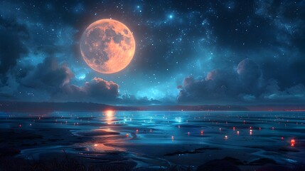Serene Full Moon Illumination in a HeartFilled Starry Night Sky