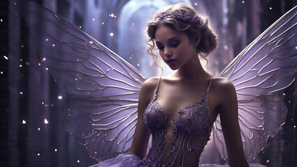 Urban Enchantment: Ethereal Fairy in the Shadows with sad and depressing expression, sad