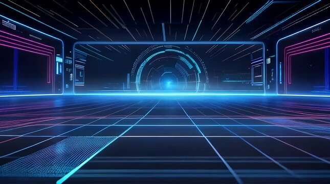 Motion graphics background featuring a digital screen with a blue holographic HUD and animated interface rotating in virtual space.