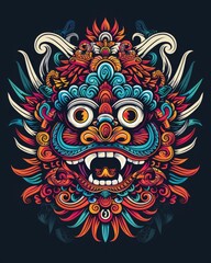 A colorful demon mask, featuring a bold demons head design, isolated on a black background for t-shirt graphics
