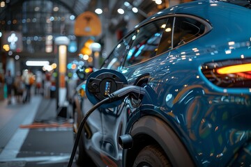 Fototapeta premium Power supply connect to electric vehicle for charge to the battery Charging technology industry transport which are the futuristic of the Automobile EV fuel Plug in hybrid car, Sho