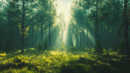 Obraz premium A forest with trees and sunlight shining through the leaves
