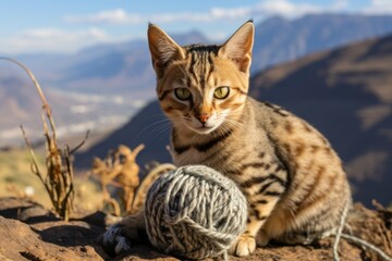 Obraz premium Medium shot portrait photography of a tired savannah cat playing with ball of wool over scenic mountain view