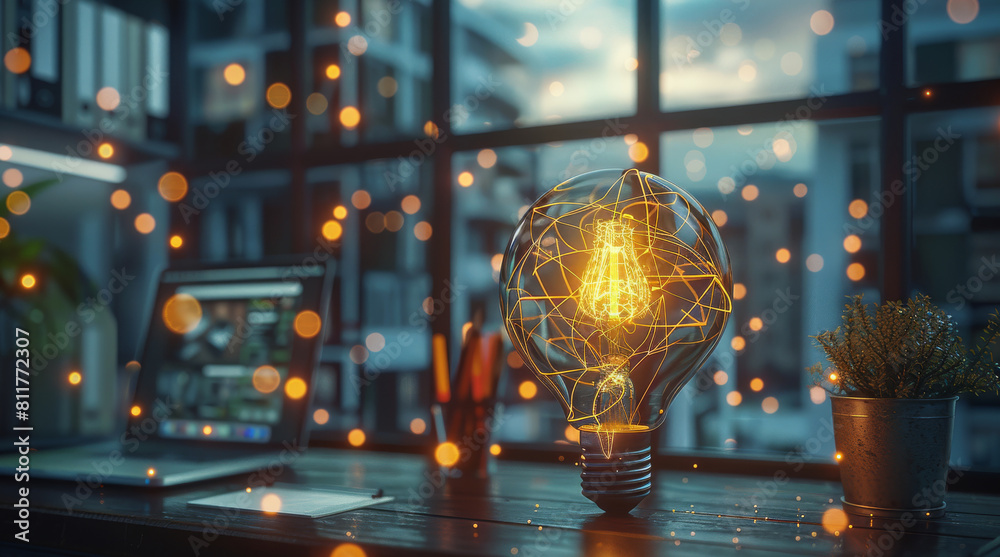 Aufkleber A large light bulb is in the middle of a beautiful modern digital workplace with a great view through a large window and yellow network connection lines around it. Generative AI.