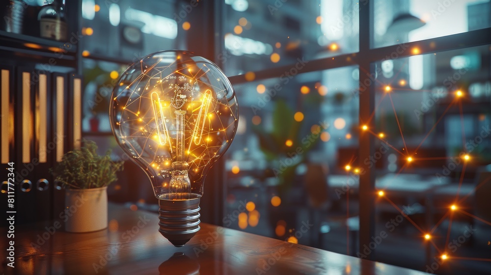 Aufkleber A large light bulb is in the middle of a beautiful modern digital workplace with a great view through a large window and yellow network connection lines around it. Generative AI.