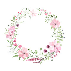 Wreath with abstract delicate pink flowers and green plants. Hand drawn isolated floral frame for invitation or greeting cards, colorful illustration for your text, message or photo.