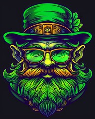 A man wearing a green hat and glasses stands out against a black background in a vibrant and artistic t-shirt graphic design