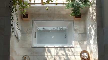 Bathroom design, A rectangular bathtub is in the middle, the bathtub is built on a raised platform. top view. Generative AI.