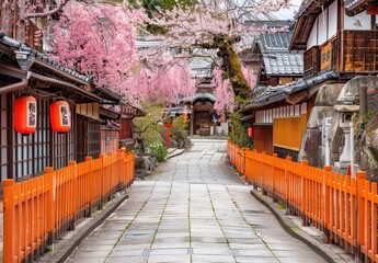 Traditional Japanese street, architecture, minimal, stunning cherry blossoms, clean, created with AI