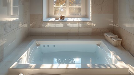 Bathroom design, A rectangular bathtub is in the middle, the bathtub is built on a raised platform. top view. Generative AI.