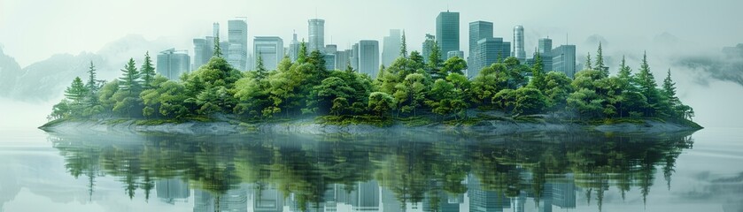 Obraz premium A city island surrounded by water and trees