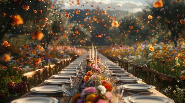 A very long dining wooden table with plates and glasses all over, in a field full of flowers, colorful, springtime, flowers falling from the sky. Generative AI.