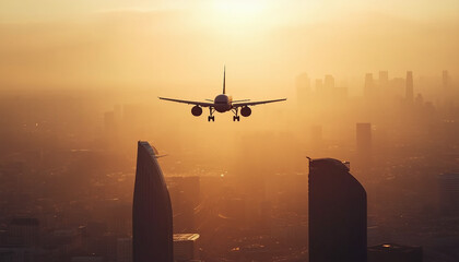 silhouette of a passenger plane flying over two skyscrapers, warm light, foggy weather
