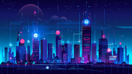 Smart city concept with night urban landscape with ico
