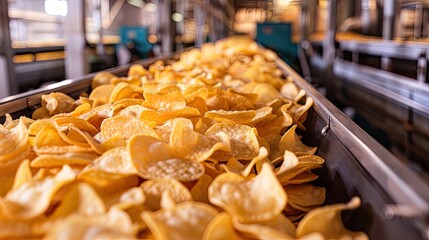Fototapeta premium Potato chips production line at the factory. potato chips and snacks