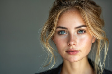 Naklejka premium Close-up of young white blond woman with blue eyes against blank grey background, copy space