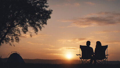ilhouette of couple sitting on camping chair and watching sunset view
