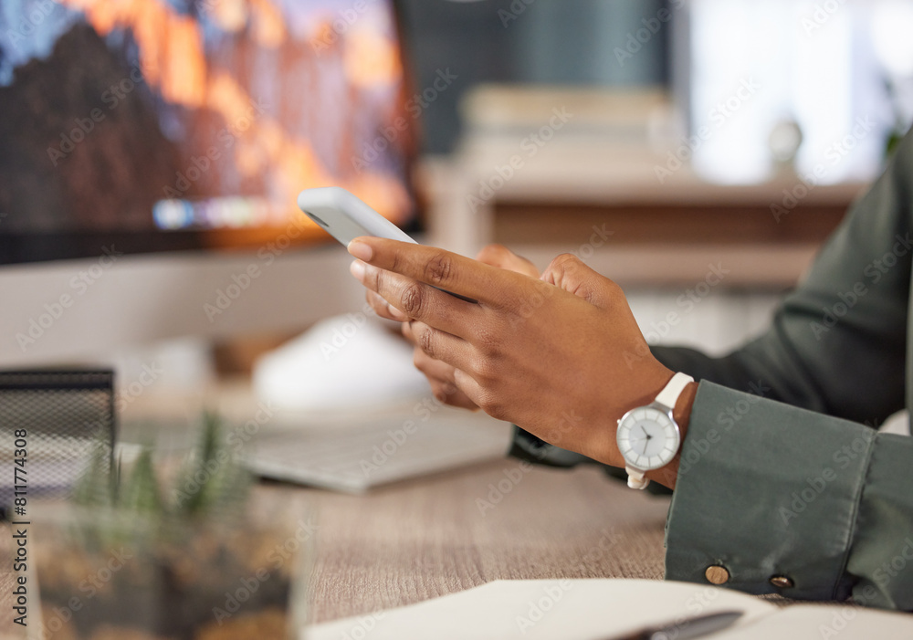 Poster hands, office and smartphone with social media for business trends update, app and email response to