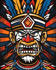 Obraz premium Vibrant T-shirt graphic design of a powerful Native American chief in a vector illustration against a black background