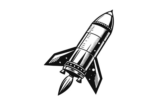 recommend clip art: Space ship vintage rocket shuttle woodcut engraved style, vector illustration